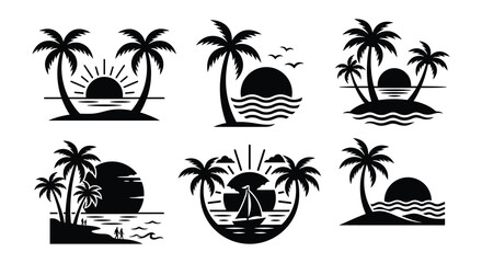 Tropical island silhouettes with palm trees and sun black vector illustration © Nayem