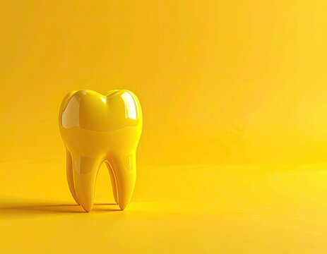 A vibrant yellow tooth stands against a solid yellow background.