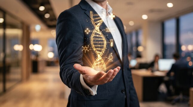 Businessman holding a glowing DNA hologram. Biotech expert analyzing genetic data in office.