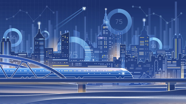 A futuristic night cityscape with a high-speed train on a bridge, featuring glowing skyscrapers, financial data graphs, charts, and a flying airplane in a digital blueprint style.