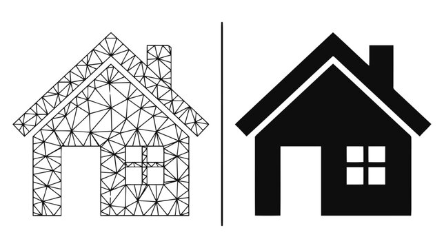 Vector illustration of wireframe and solid black house icon set, house vector illustration on a transparent background
