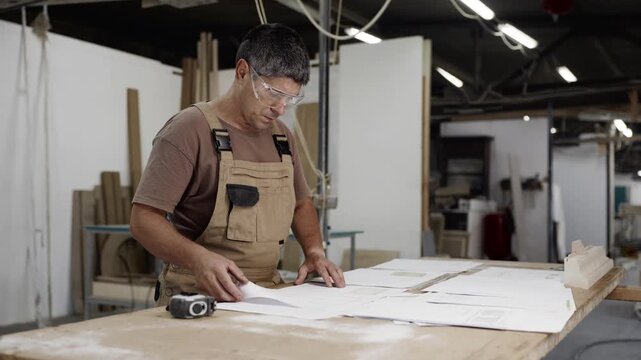 Proficient woodworker carefully analyzes construction blueprints amidst tools and supplies