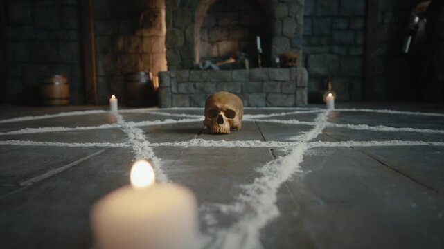 A skull on chalk exorcism pentagram ritual circle