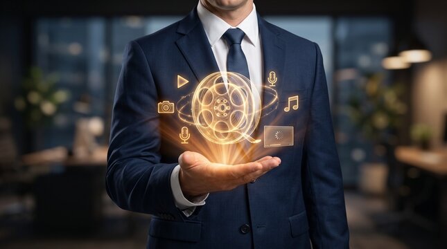 Business professional holding futuristic digital globe hologram. Executive using augmented reality interface for global data visualization.