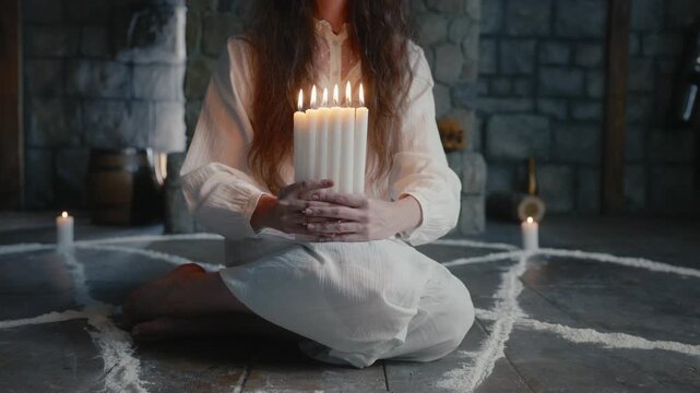 Crop of woman practitioner immersed in ritual using old books and ceremonial objects