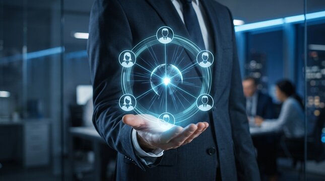 Business professional holding futuristic digital globe hologram. Executive interacting with advanced 3D data visualization technology.