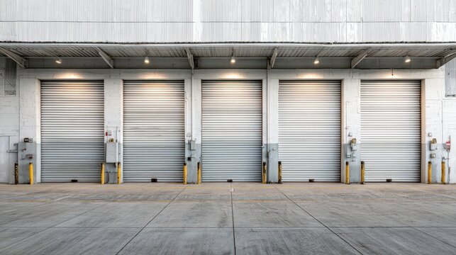 Industrial garage exterior with large metal roll-up shutter doors and a concrete loading bay