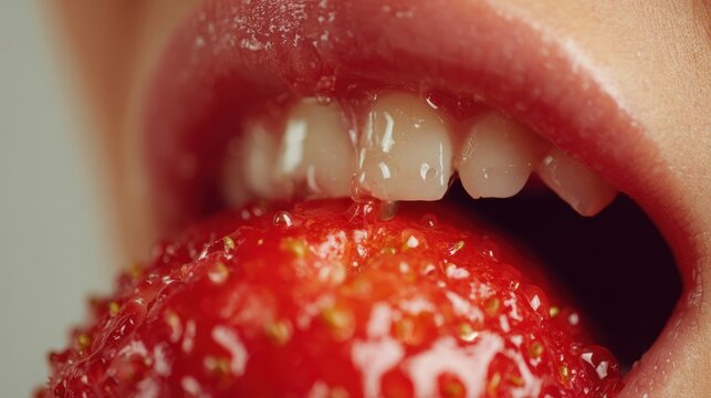Intimate close-up of chewing action on a juicy fruit