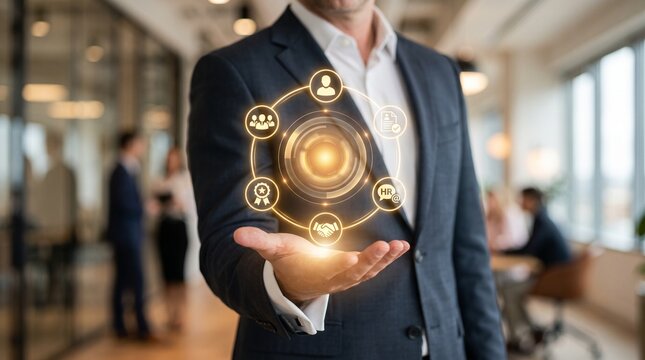 Businessman holding digital hologram interface. Corporate leader interacting with tech data.