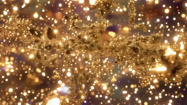 Golden glittery particles floating in dark space