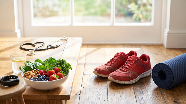 Heart Health Concept with Stethoscope, Healthy Food Bowl, Running Shoes, and Yoga Mat on Wood Floor, World Heart Day and Wellness Lifestyle