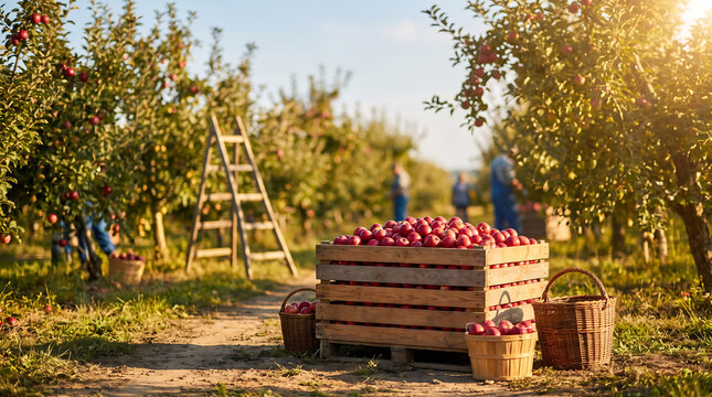 Apple orchard scene with wooden crates filled with red apples, baskets nearby, and workers harvesting fruit under a clear blue sky in a rural setting