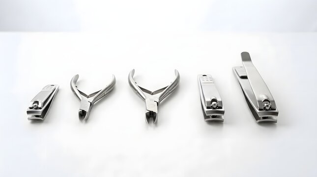 Set of metal nail clippers and grooming nippers arranged on clean white surface backdrop.