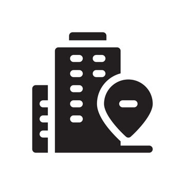 Building with location marker icon flat black silhouette on white background