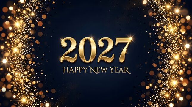 Sparkling happy new year 2027 golden glitter celebration with festive lights and dark navy background