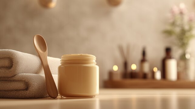 Minimalist beauty salon background with a wax jar and wooden spatula on a clean table. Soft beige tones, warm natural light, and elegant copy space create a premium spa advertising scene.