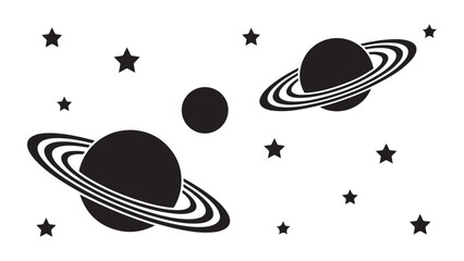 Black Silhouette Illustration of Saturn-like Planets and Stars © MD
