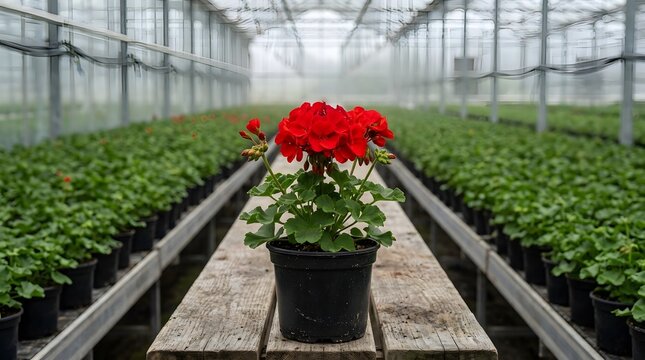 Red geranium plant in black pot centered on wooden table inside large glasshouse structure.