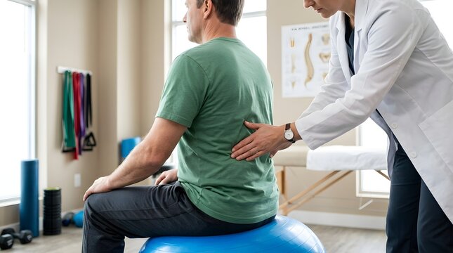 Physiotherapist examining back of male patient sitting on exercise ball.