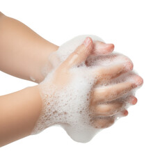 Fototapeta premium Small child hands cupped and covered in thick white soap foam with iridescent bubbles against a transparent background, concept of pristine hand hygiene