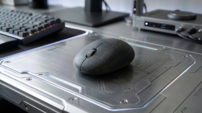 Unique computer mouse shaped like a dark river stone resting on a futuristic metallic desk surface with glowing blue accents