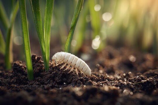Macro photograph of a white lawn grub in soil beside fresh grass, illustrating lawncare and pest control concepts