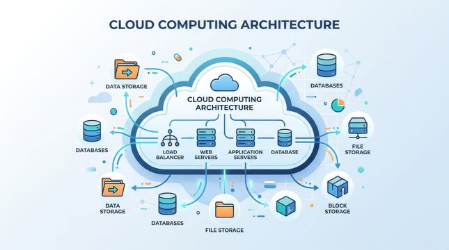 Minimalist cloud computing architecture diagram. Visual representation of data storage and processing. Tech infographic for IT professionals and cl...