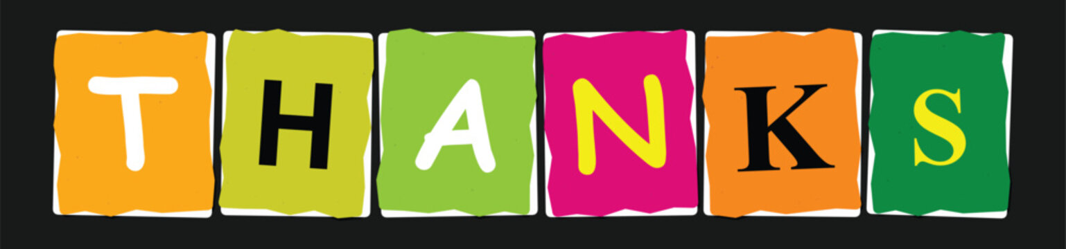 Colorful "thanks" word typography, vibrant gratitude message in block letters, playful "thank you" text vector for greeting cards and social media