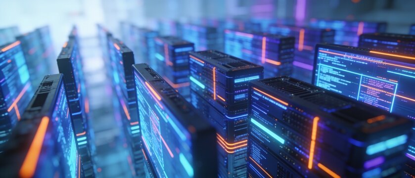 Futuristic server racks glowing with vibrant data center energy under dynamic digital lighting