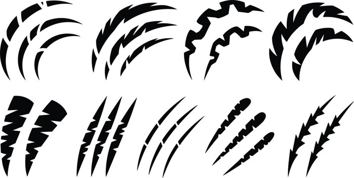 Aggressive wild beast claw scratch and ripped slash mark black silhouette vector collection featuring sharp animal shred traces isolated on white background.