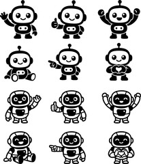 Obraz premium Set of Twelve Cute Black and White Robot Icons Displaying Various Friendly Gestures and Expressions for Digital Communication and Simple Graphic Interface Design Projects That Require Playful Characte