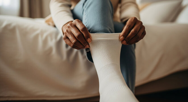 Close up shot of hands of a black person putting on a white medical compression sock while sitting on the edge of a bed in a bright bedroom.