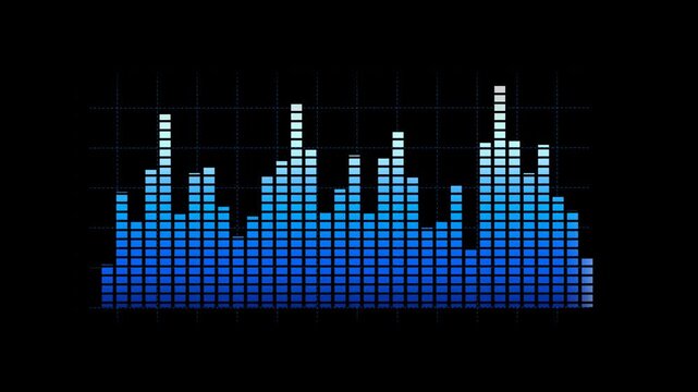 Dynamic Blue Audio Equalizer Dashed Bars Animation On Dark Background. Modern music visualization, Digital sound spectrum, and technology concept