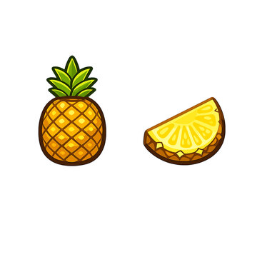A stylized illustration of a whole pineapple and a sliced pineapple wedge on white.