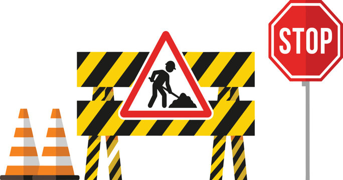 Road Construction Safety Barrier with Stop Sign Traffic Cones and Warning Symbol Flat Vector Illustration Icon Collection