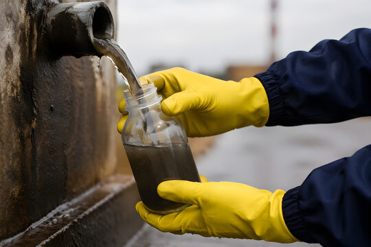 Worker wearing yellow rubber gloves collecting dark contaminated wastewater effluent sample in glass jar from industrial drain pipe for environmental water quality testing