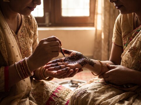 Indian woman applying intricate mehndi design on anothers palm