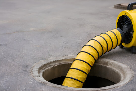 Industrial worker positioning flexible ventilation duct at confined space manhole entry point, safety equipment setup for oxygen deficiency prevention at industrial facility