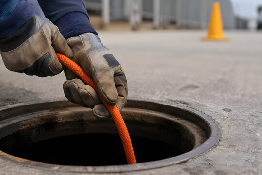 Industrial worker gloved hands feeding orange safety lifeline rope down into open circular manhole with iron rim on concrete ground yellow safety cone in blurred background