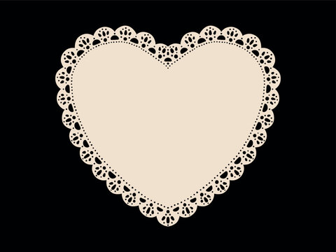 Hand drawn vintage lace doily heart with delicate openwork edges. Blank romantic frame template for aesthetic Valentine greeting cards. Vector graphic border for elegant wedding invitations.
