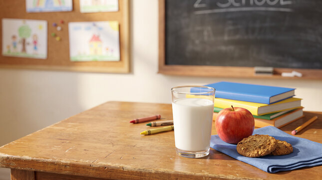 Glass of Milk on Wooden School Desk with Red Apple, Stacked Books, and Cookies, World School Milk Day and Elementary Classroom Education Concept