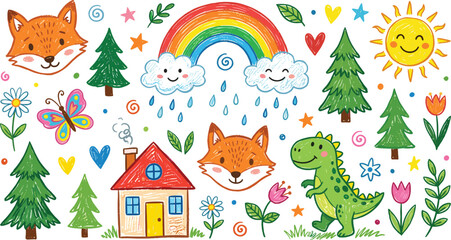 Fototapeta premium Kids Crayon Forest Set with Fox House Rainbow Cloud Pine Tree Dinosaur Butterfly Flower Vector Illustration Collection