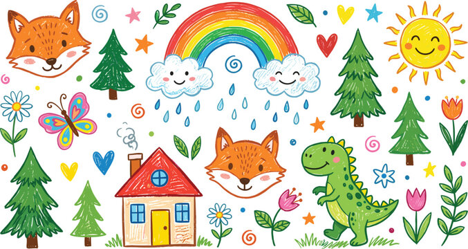 Kids Crayon Forest Set with Fox House Rainbow Cloud Pine Tree Dinosaur Butterfly Flower Vector Illustration Collection