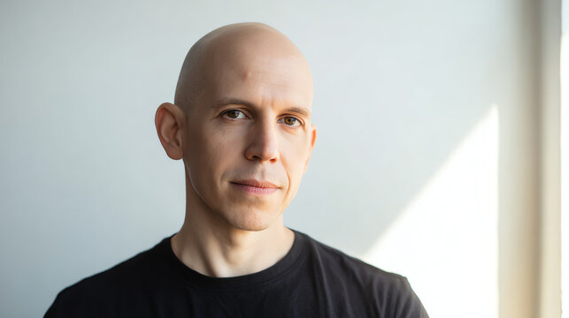 A confident man with a bald head, posing in a bright setting, conveying a sense of calm and professionalism.
