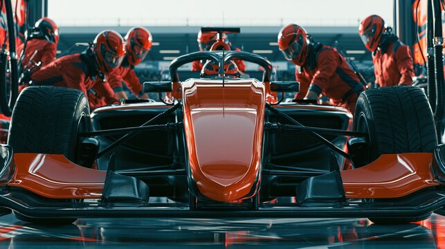 Formula race car pit stop with mechanics preparing the vehicle
