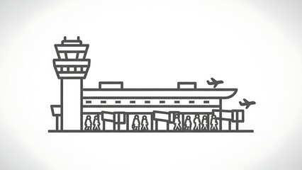 Fototapeta premium Airport terminal icon with control tower. Minimalist aviation building line art graphic.