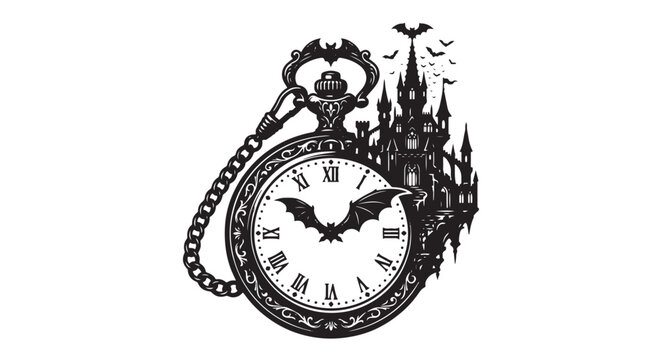 Gothic pocket watch with vampire castle and bats, vintage steampunk clock vector illustration, spooky halloween timepiece with roman numerals