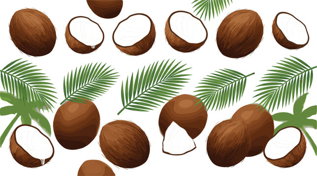 Tropical Coconut Seamless Pattern Vector Illustration with Whole Brown Coconuts Broken Halves Pieces and Green Palm Leaves for Fabric and Background Designs