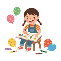 Fototapeta premium Happy girl drawing in a coloring book with crayons and balloons