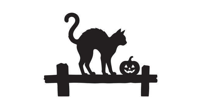 Halloween black cat silhouette on wooden fence, spooky arched back cat with carved pumpkin, dark feline vector illustration for holiday decor
